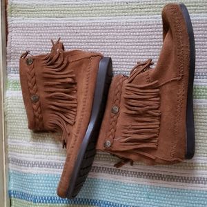 Minnetonka, Ankle,  Fringe, Back Zip, Mocassins, Brown Suede Mocassins